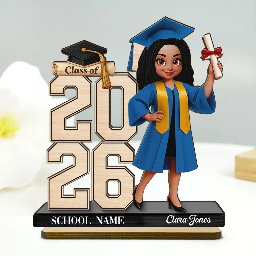 Custom Graduation Girl Character 2-Layer Wooden Plaque, Class Year Keepsake for Living Room Display, Thoughtful Gift