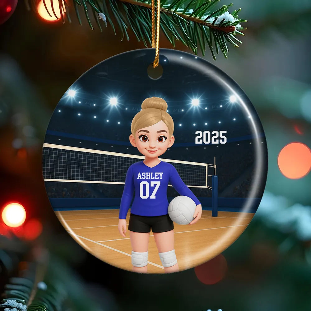 Volleyball Girl Ceramic Ornament with Court Scene, Unique Gift for Teen Athlete or Daughter