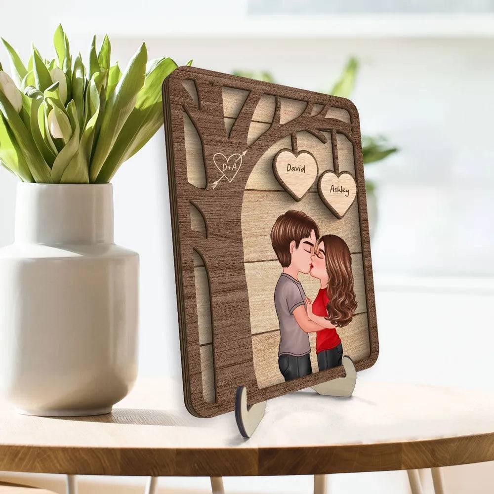 Love Beneath the Boughs - Personalized Kissing Couple Under Tree Wooden Plaque - 2-Layer Romantic Gift for Valentine's & Anniversaries