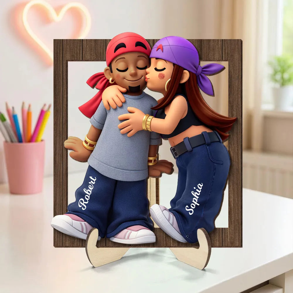 Personalized 2-Layer Wooden Plaque Cute Couple Kissing Keepsake for Bedroom Decor, A Unique Gift for Him or Her