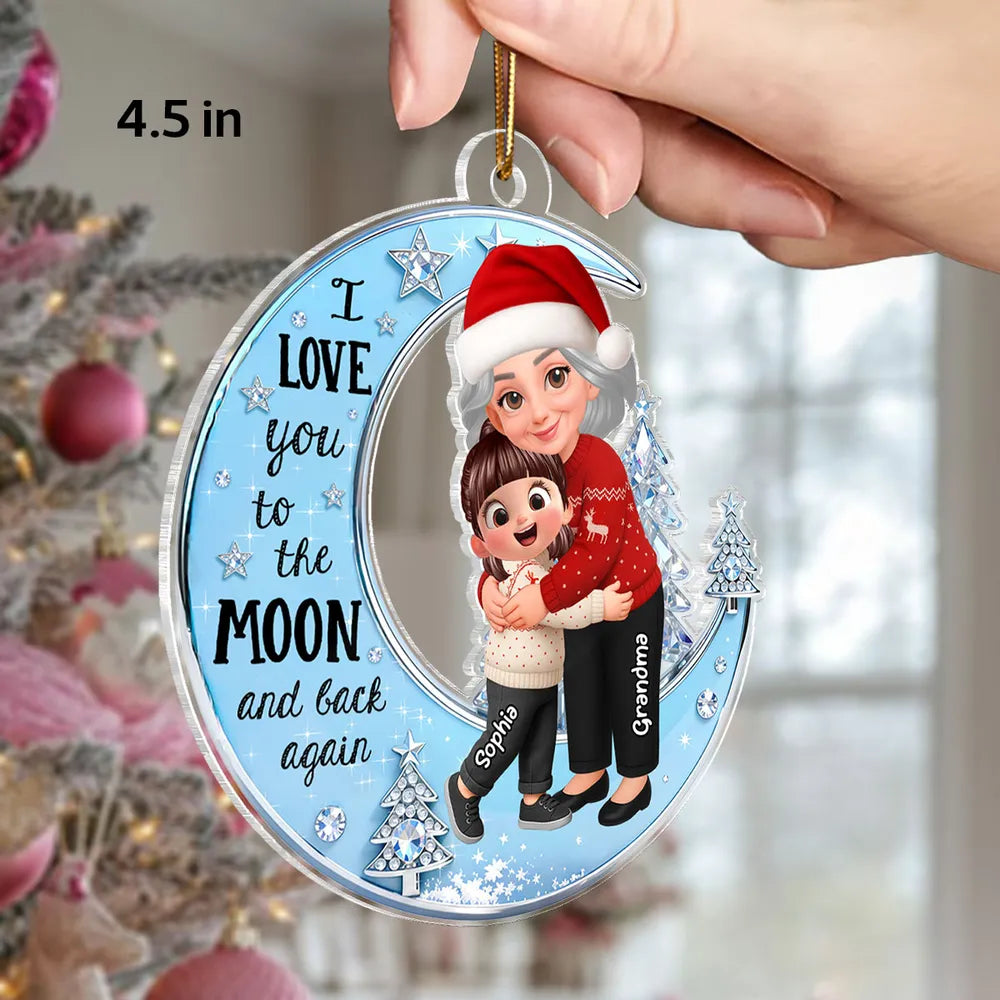 Acrylic Ornament - Grandma & Grandkid on Crescent Moon, Cute Christmas Scene, I love you to the moon and back, unique gift