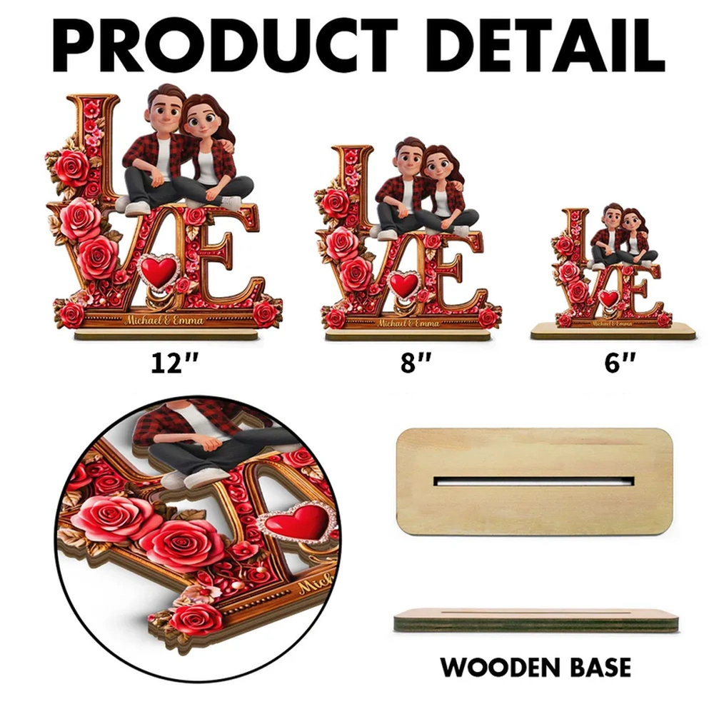 Personalized 2-Layer Wooden Plaque with Cartoon Couple Sitting on LOVE Roses - Unique Romantic Gift for Her or Him
