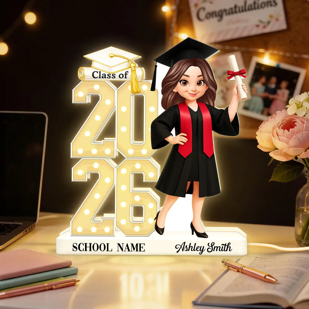 Personalized Graduation Acrylic Light Box with Class Year Cartoon Grad, Warm Glow Bedroom Decor, Unique Gift for Graduates