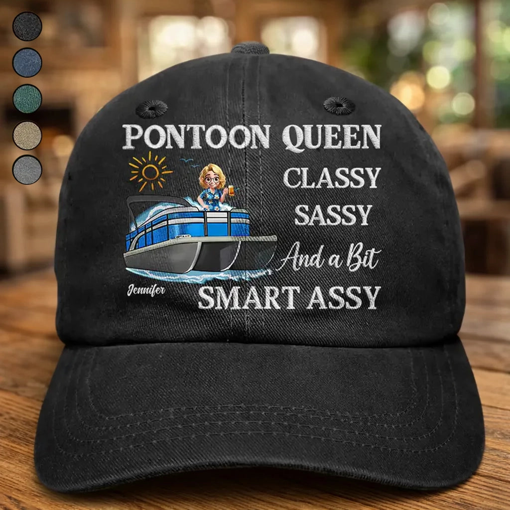 Pontoon Queen Classy Sassy Smart Assy Washed Denim Baseball Cap - Personalized Fun Boat-Day Cap, Easy Everyday Gift