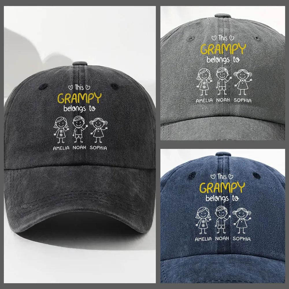 Washed Denim Baseball Cap with Stick-Figure Grandkids Art, Vintage Adjustable, Breathable - a Unique Gift for Grandpa