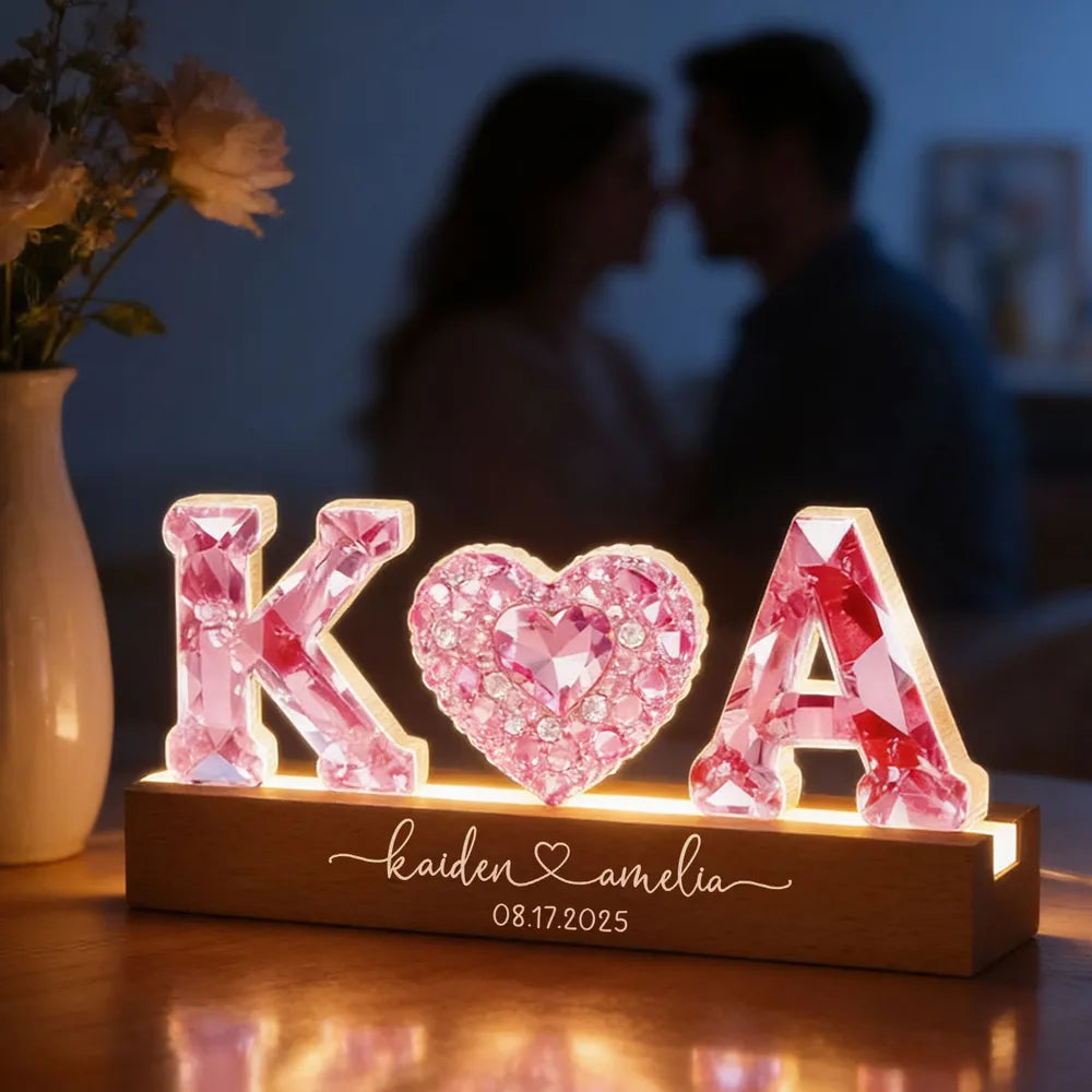 Personalized Shaped Acrylic Block LED Plaque With Initials & Heart, Romantic Nightstand Decor, Unique Gift for Couples