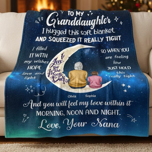 Granddaughter Blanket - Galaxy Moon & Stars, grandma & child sitting, I love you to the moon and back - unique gift