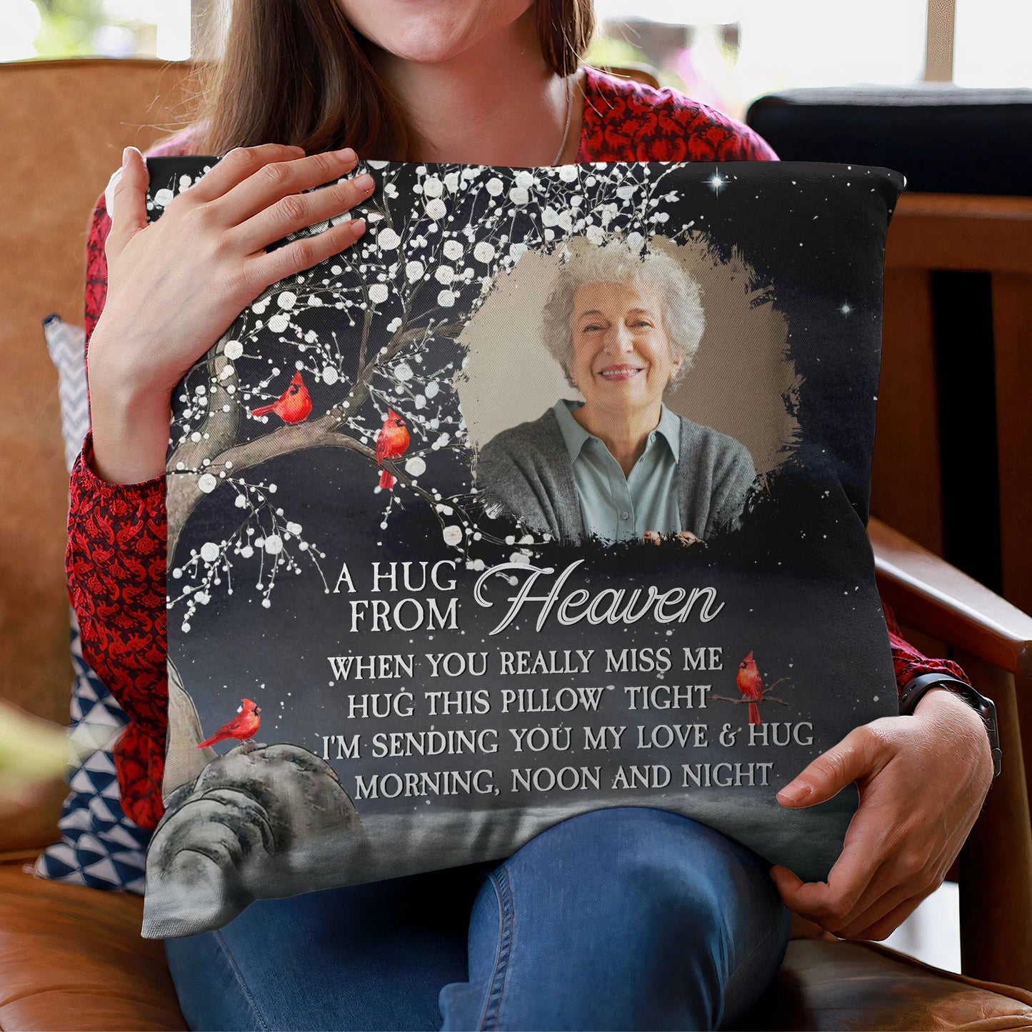 Custom Photo Square Pillow – A Hug From Heaven Memorial Cushion To Hold When You Miss Them, Unique Sympathy Gift & Cozy Room Decor