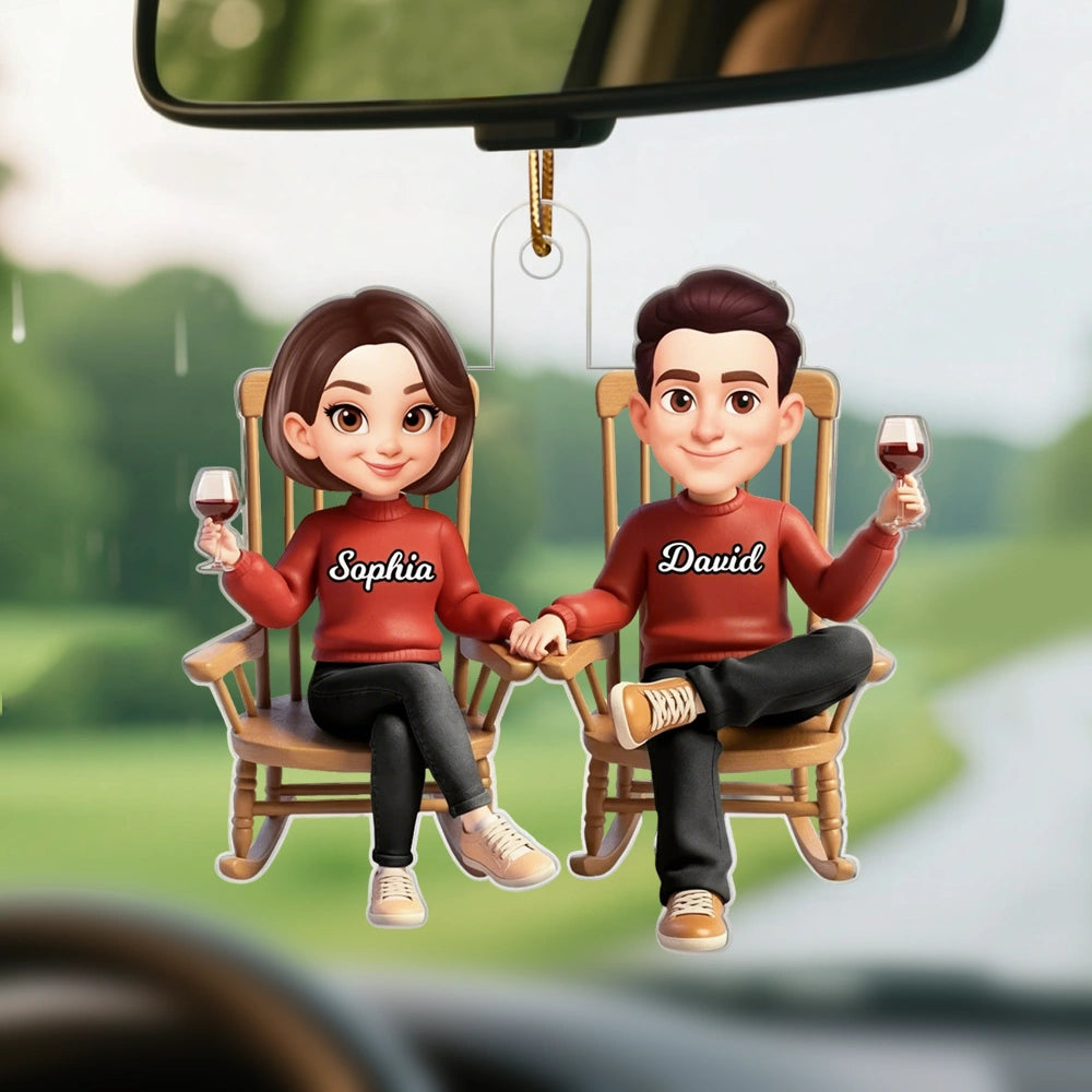 Personalized Acrylic Ornament Cartoon Couple Holding Hands in Rocking Chairs Unique Gift for Him & Her