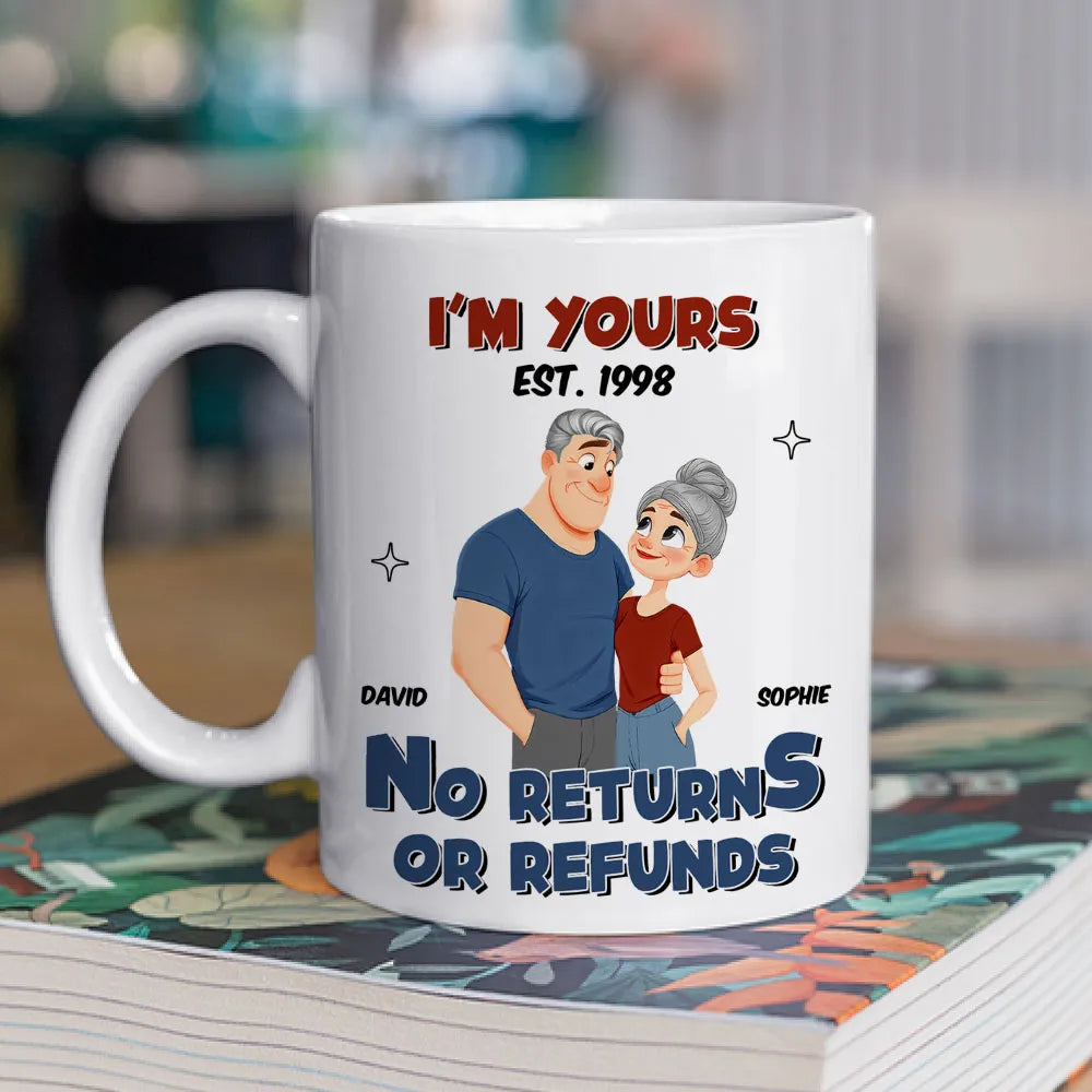 White Ceramic Mug Personalized with Cartoon Couple Hug, Playful No Returns or Refunds Design, Cute Gift for Couples
