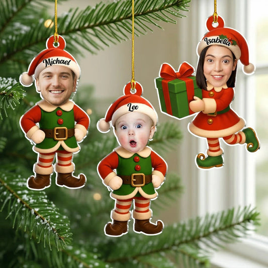 Personalized Elf Family Acrylic Ornament Custom Faces Cute Christmas Tree Decor Unique Festive Gift for Families