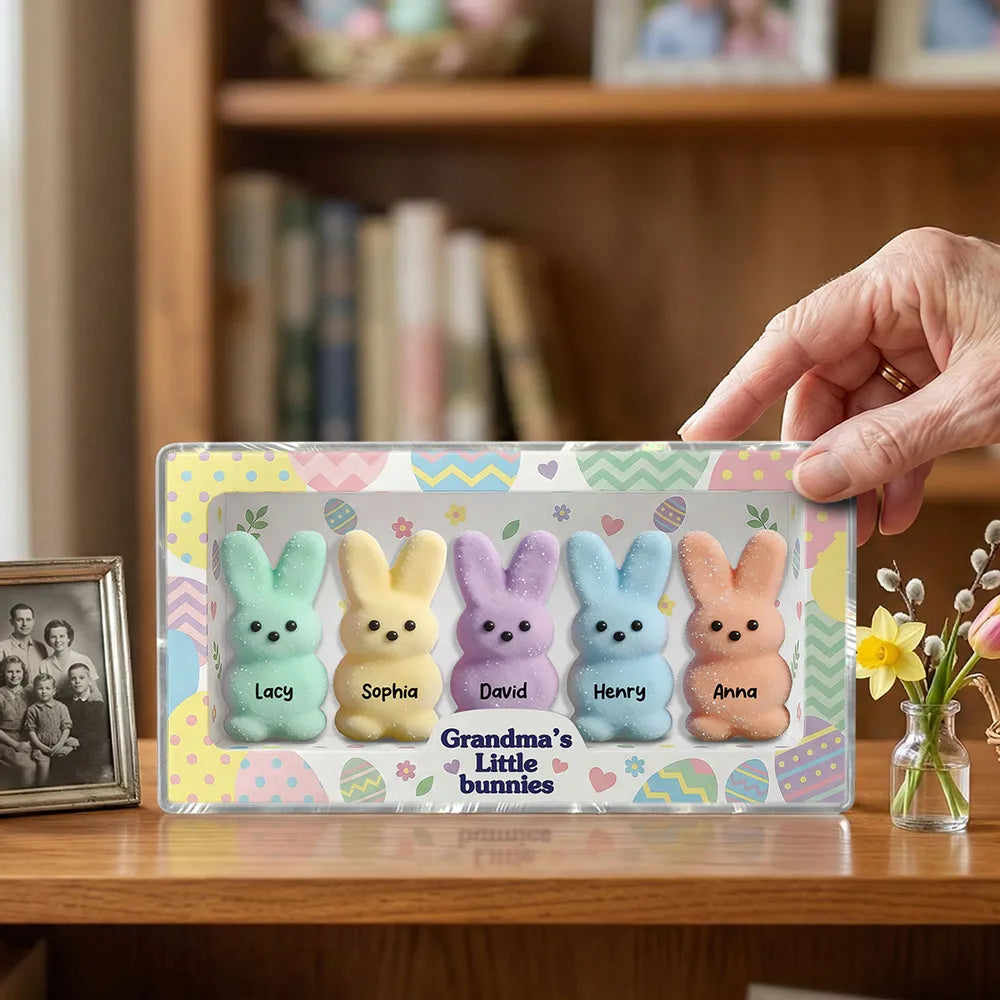 Personalized Rectangle Acrylic Block Plaque for Grandma, Pastel Easter Bunnies Desk Decor, Unique Gift She'll Love