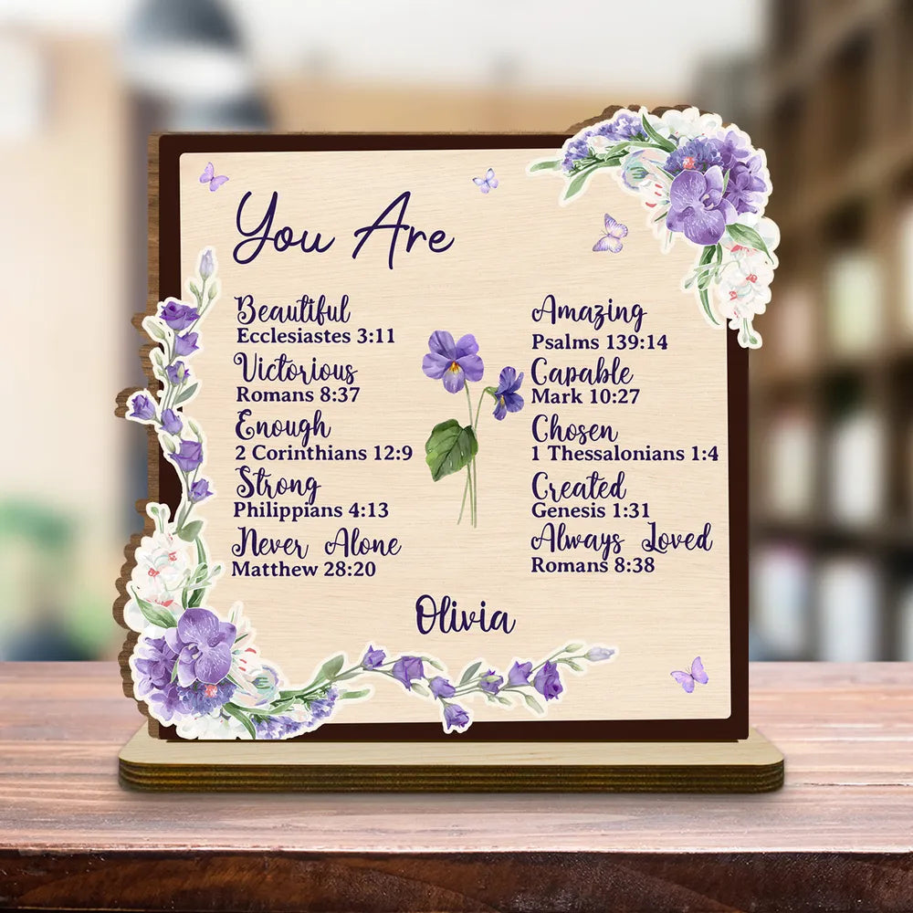 2-Layer Wooden Plaque Personalized with Encouraging Bible Verses and Purple Florals, Heartfelt Gift for Daughter or Friend
