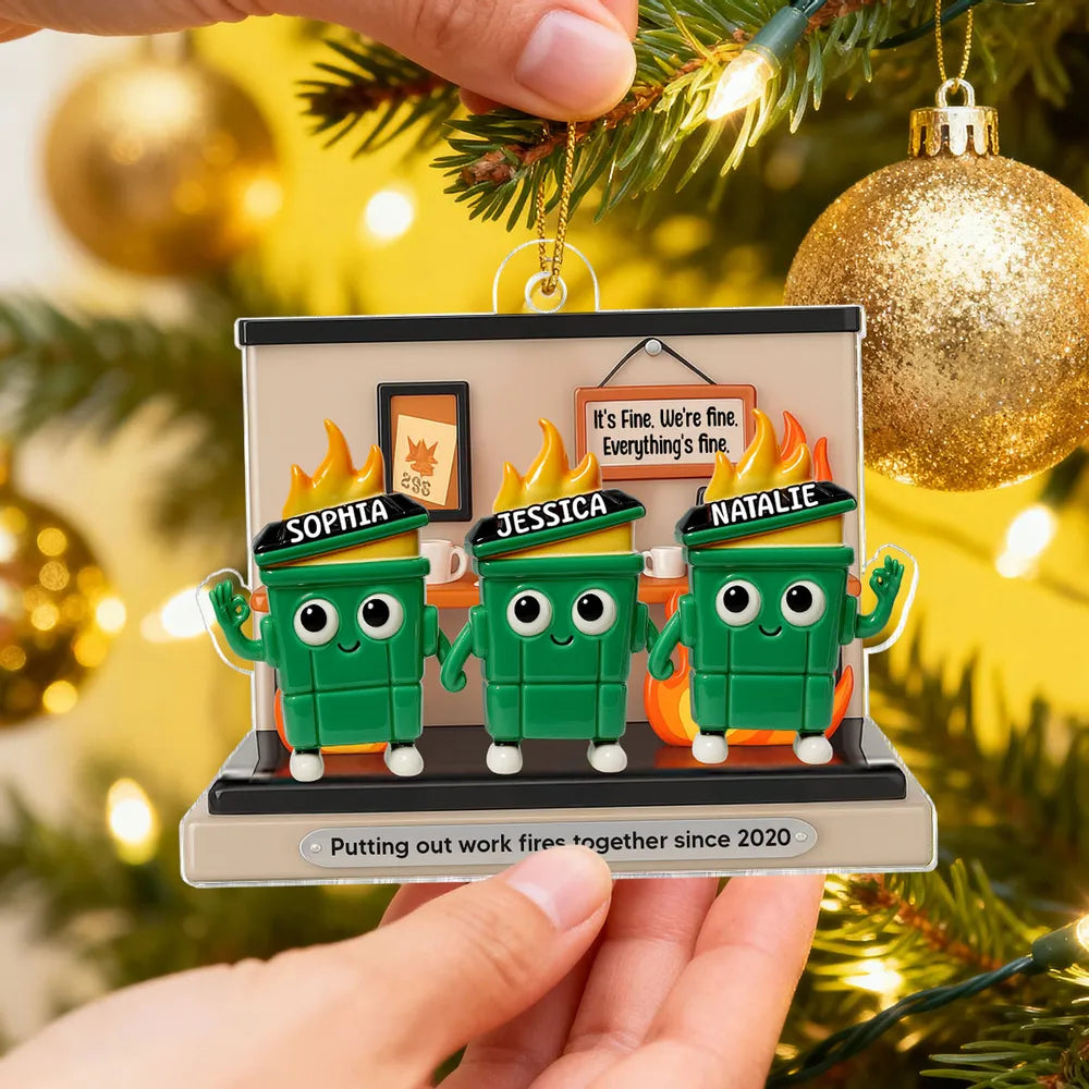 Funny Office Acrylic Ornament With Flaming Trash Cans, Unique Coworker Gift For Desk Or Tree