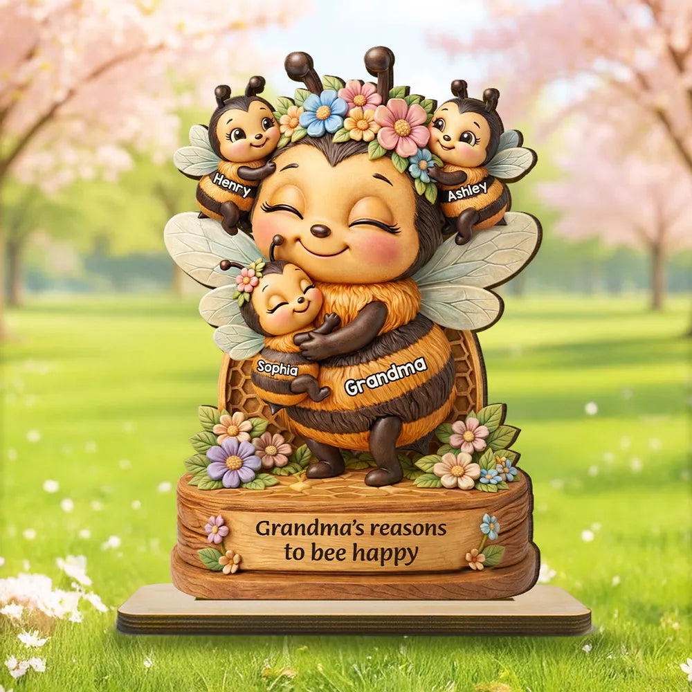 Personalized 2-Layer Wooden Plaque Grandma's Reasons to Bee Happy Cute Bee Family Keepsake Unique Gift for Grandma