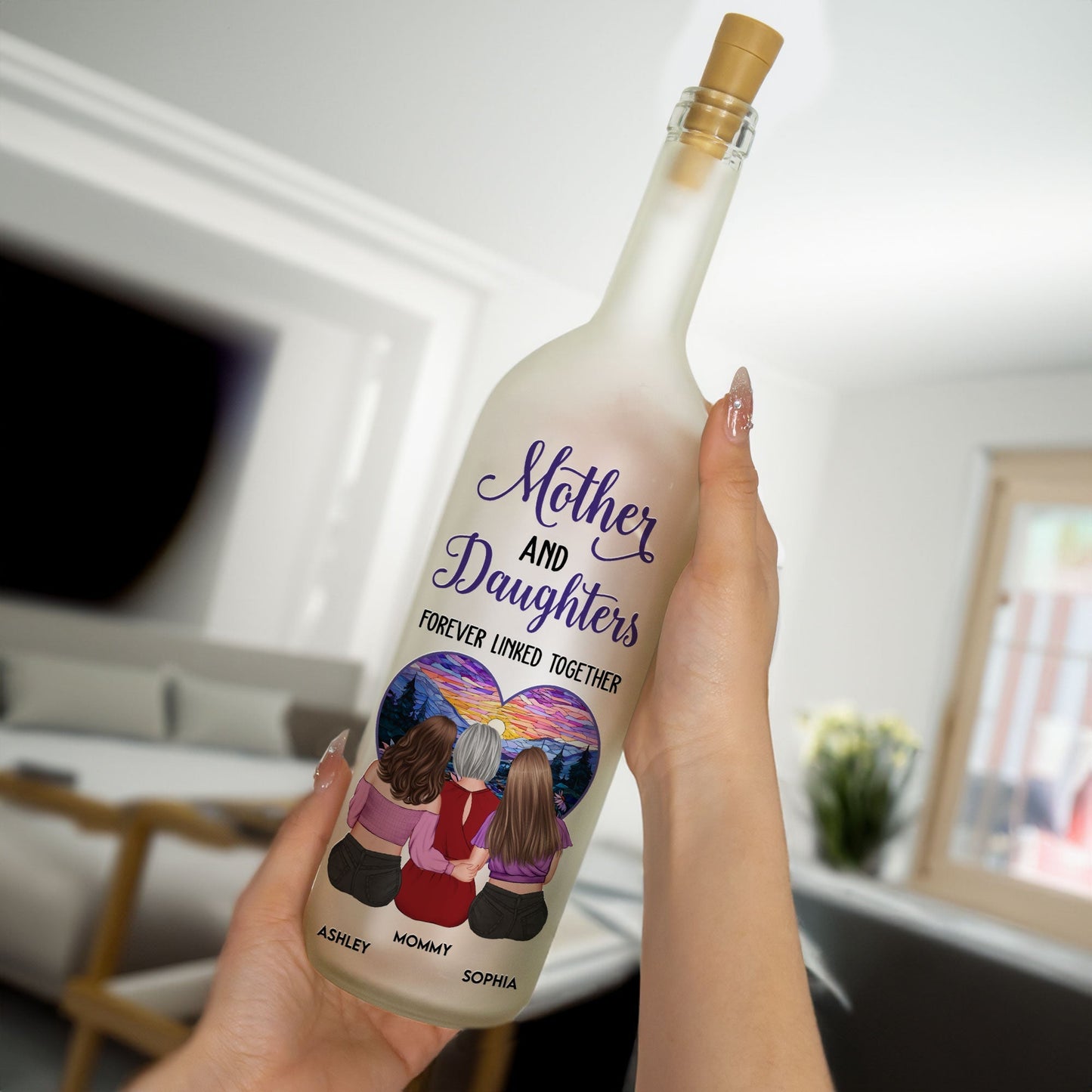 Personalized Bottle Lamp – "Mother and Daughters Forever Linked Together" Custom Light for Mom