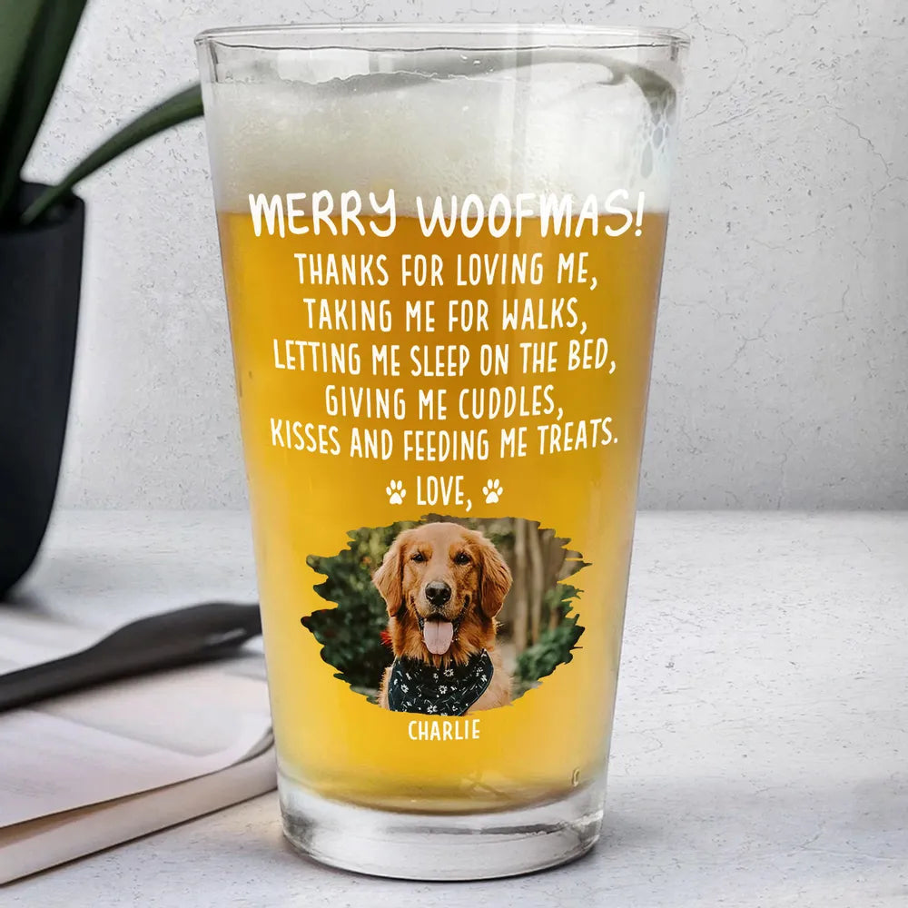 Merry Woofmas Beer Glass with cute dog print, fun holiday gift for dog owners and pet lovers