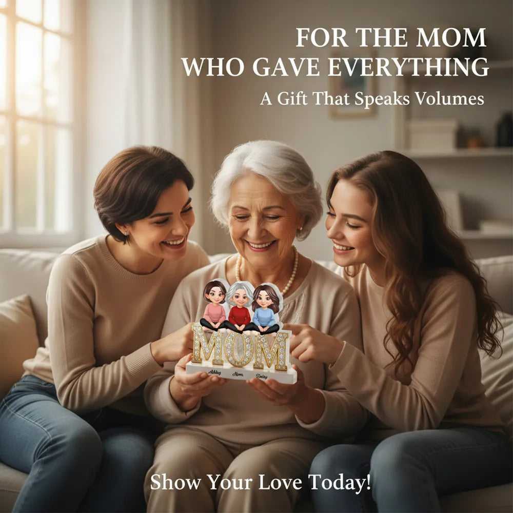 Personalized Shaped Acrylic Block Plaque with Mom & Daughters Cartoon Illustration, Sparkly MOM Shelf Decor, Unique Gift for Mom