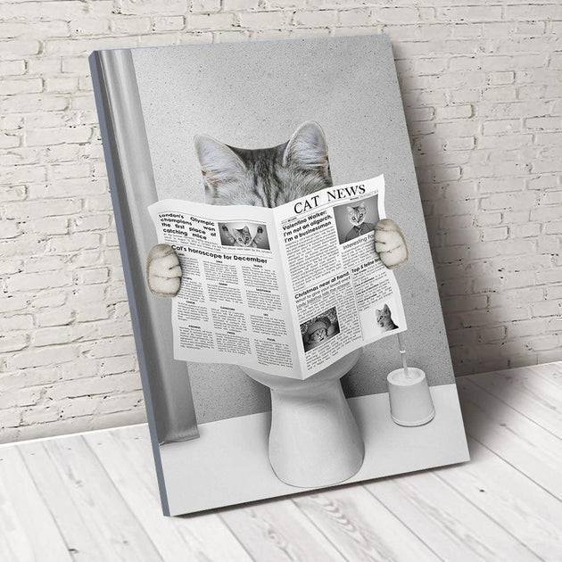 Custom Photo Dog Cat Read Newspaper In Toilet Poster or Canvas