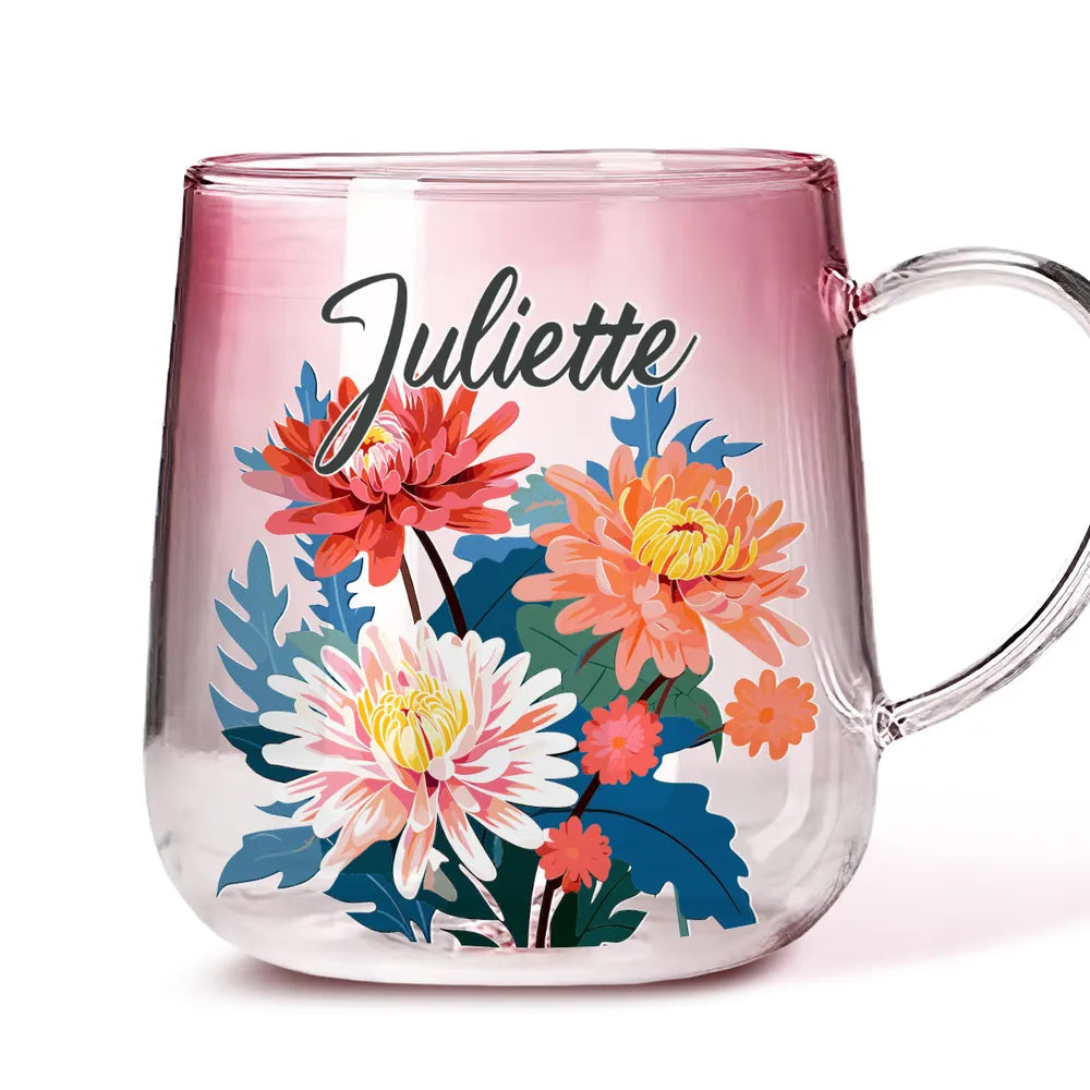 Pink Ombre Gradient Glass Mug With Colorful Flowers And Custom Name, Everyday Coffee And Tea Cup, Thoughtful Gift