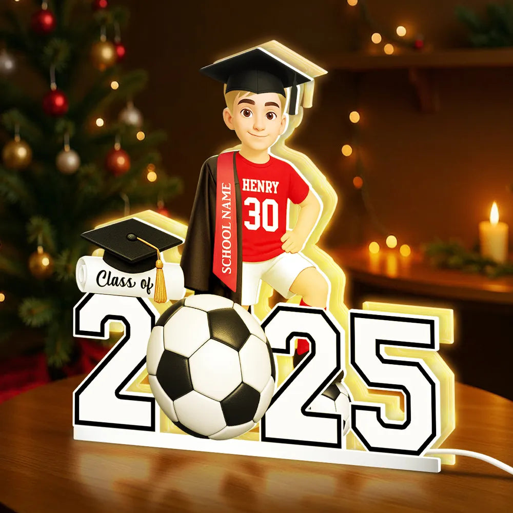 Custom Class Acrylic Light Box with Graduation Cap and Soccer Theme, Warm Atmosphere Lamp for Bedroom or Bookshelf, Memorable Gift