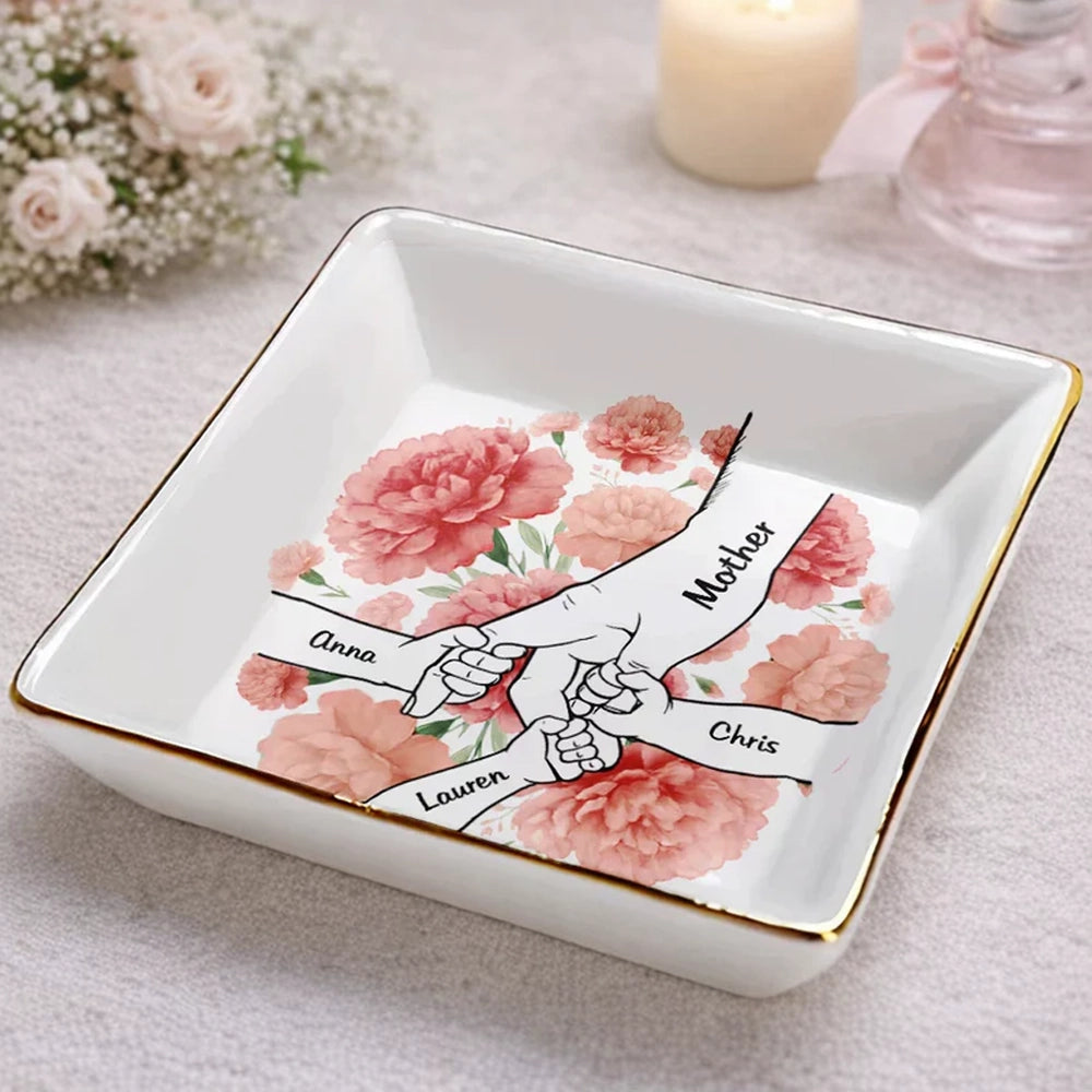 Personalized Jewelry Dish with Hand In Hand Floral Design, Sweet Vanity Decor, Unique Gift for Mom or Grandma