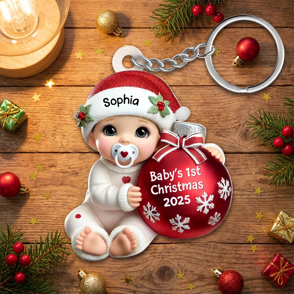 Personalized Acrylic Keychain for Baby's First Christmas, Cute Snowy Ornament Design, Sweet Keepsake & Unique Christmas Gift