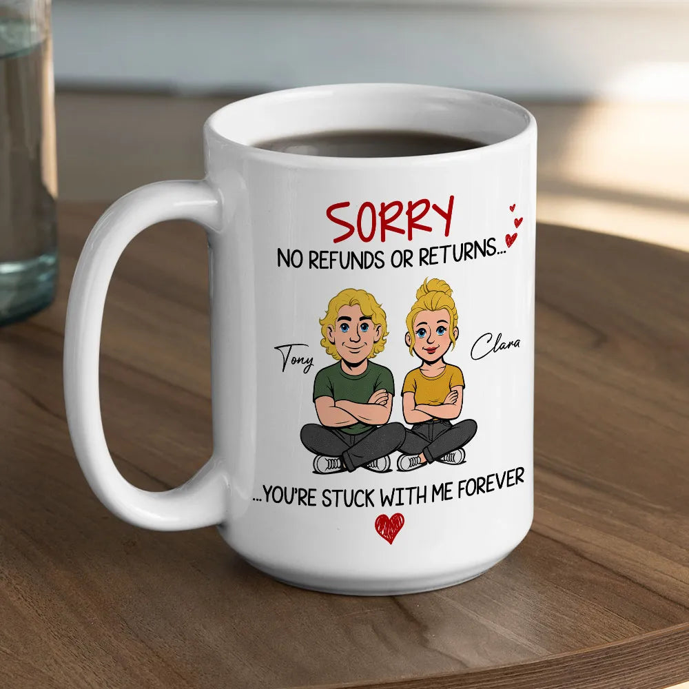 Personalized Funny Couple White Ceramic Mug 'You're Stuck With Me Forever' Cute Cartoon Gift for Husband or Wife