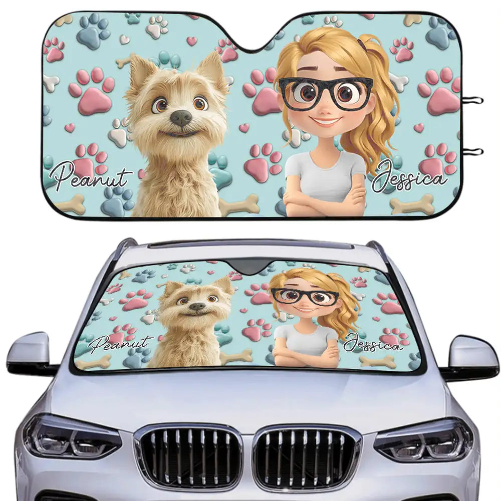 Custom Dog & Owner Windshield Sunshade – Paw-Print Car Accessory for Pet Lovers
