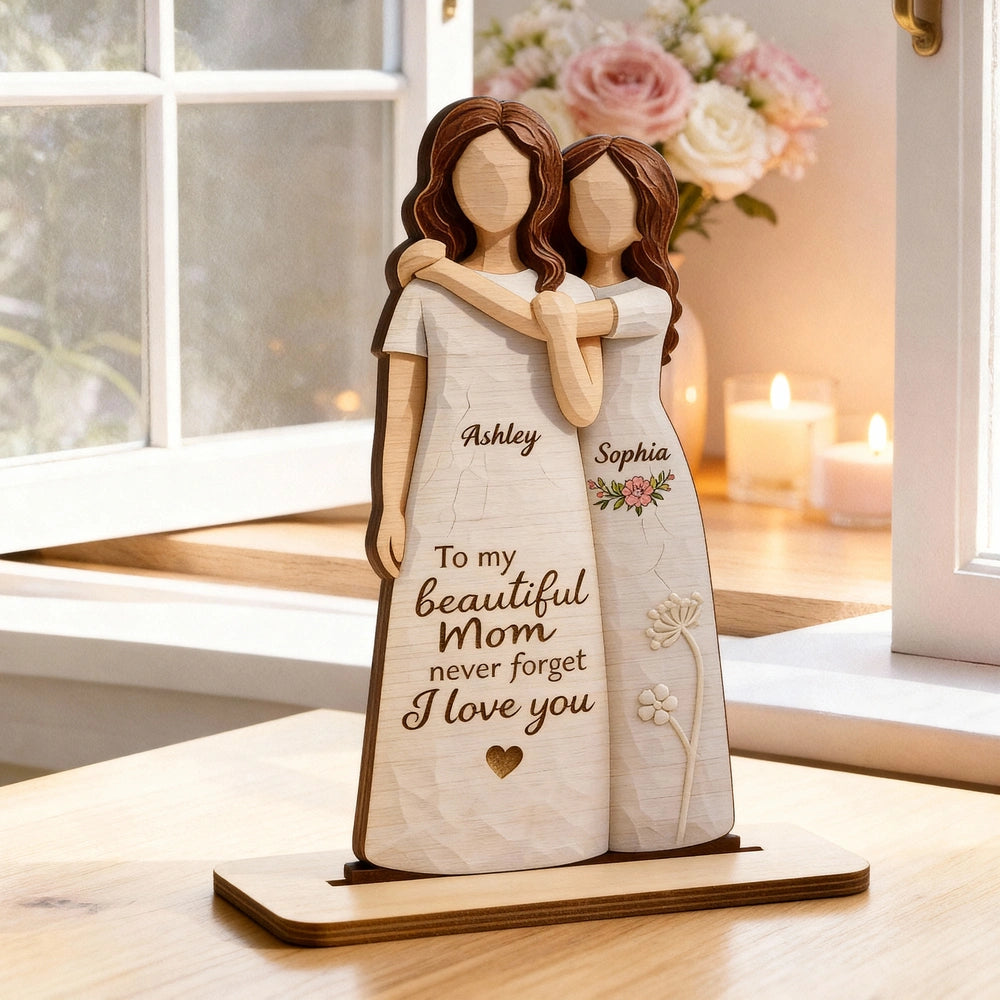 2-Layer Wooden Plaque Personalized for Mom, Sweet Mom and Daughter Hug Decor, Unique Gift With 'Never Forget I Love You'