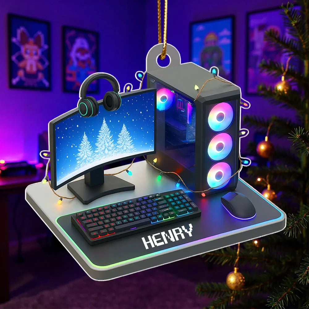 Custom Name Gaming Setup Acrylic Ornament with RGB PC & Keyboard, Cozy Holiday Decor, Creative Gift for Teen Gamer