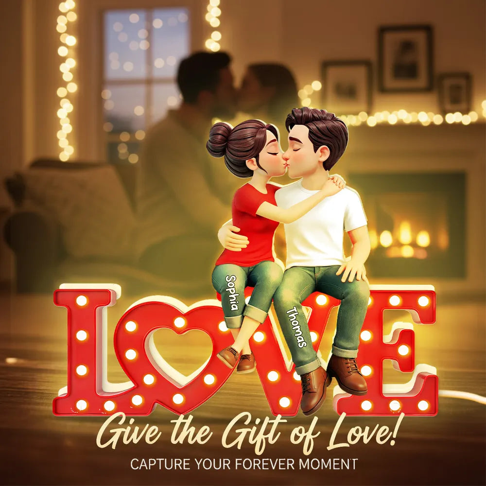 Personalized Acrylic Light Box with Kissing Couple on LOVE Sign, Warm Glow Bedroom Decor, Unique Gift for Him or Her
