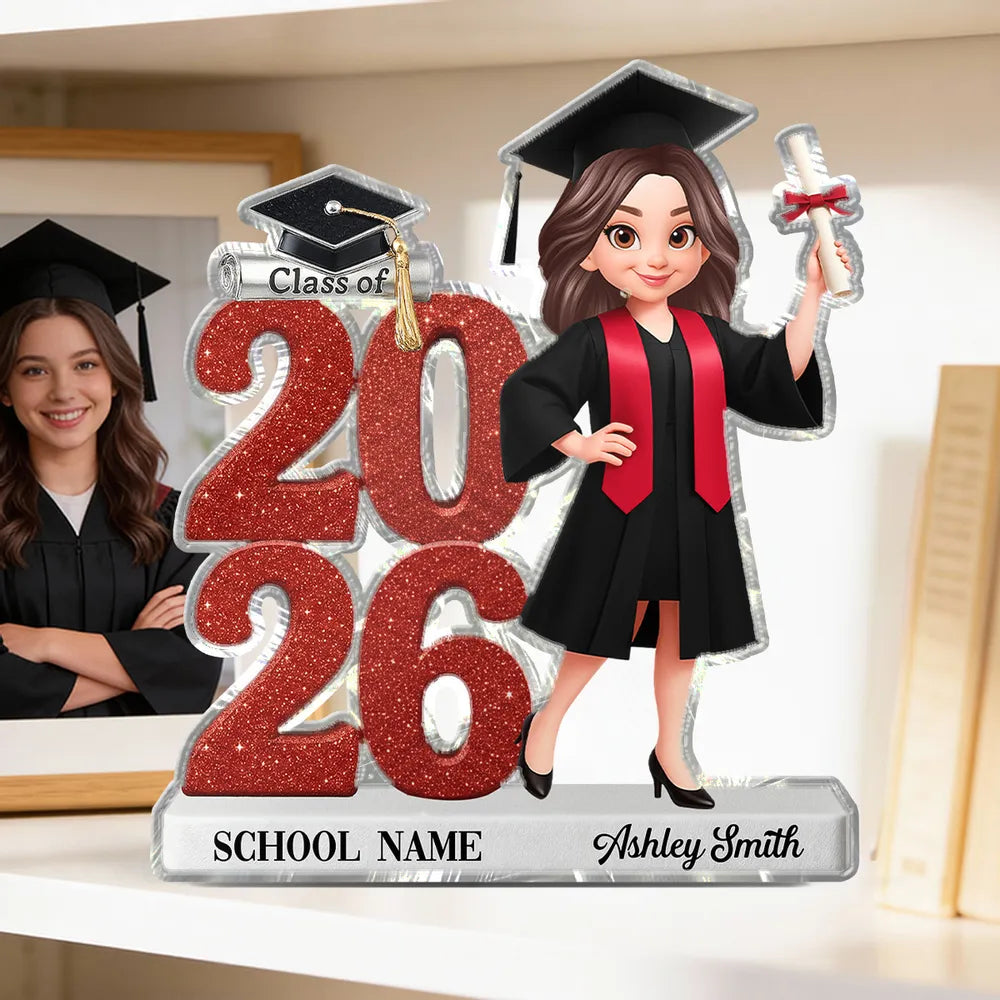 Personalized Shaped Acrylic Block Plaque Graduation Decor, Cute Cartoon Grad Holding Diploma, Unique Gift