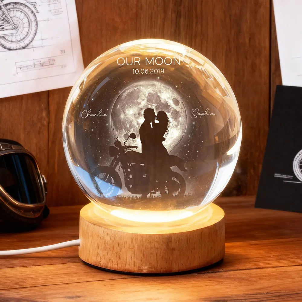 Personalized Globe Lamp with Kissing Biker Couple in Moonlight, Unique Romantic Gift for Him or Her