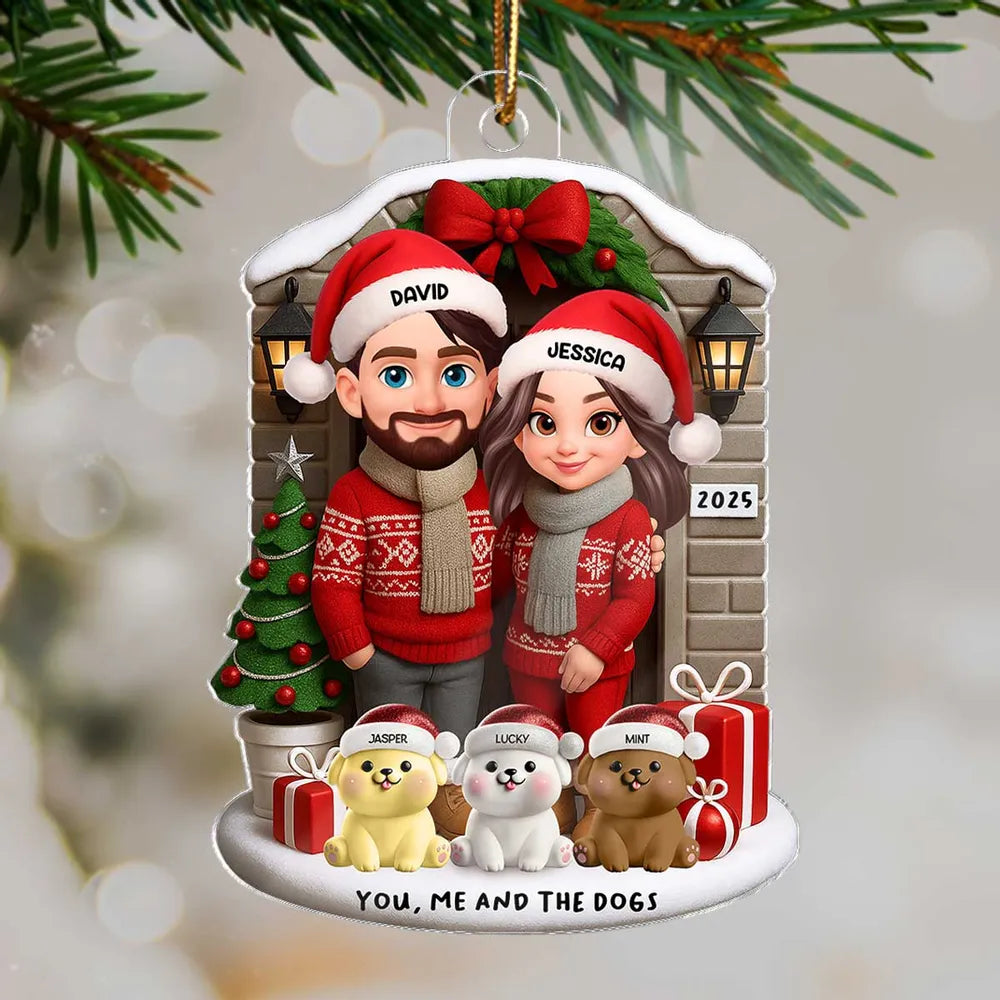Acrylic Ornament featuring “You, Me and the Dogs” theme, festive sweaters, gifts and tree—perfect holiday gift for Couples and Dog Lovers