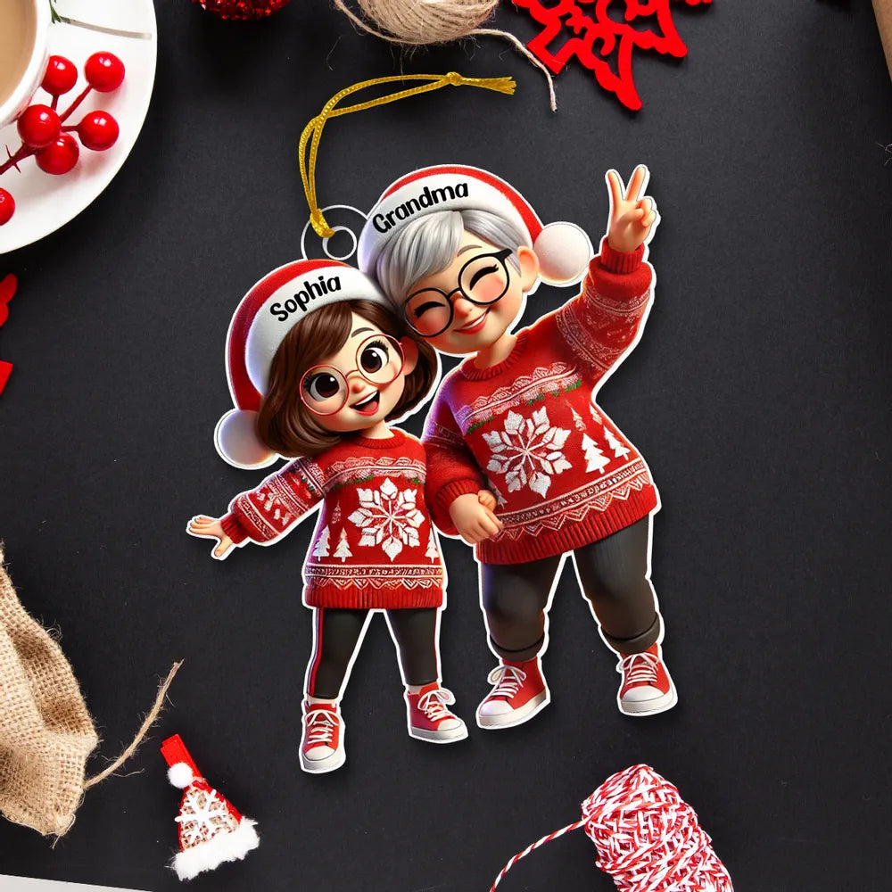 Festive Acrylic Ornament – Grandma & Me, Peace-Sign Pose, Personalized Holiday Gift
