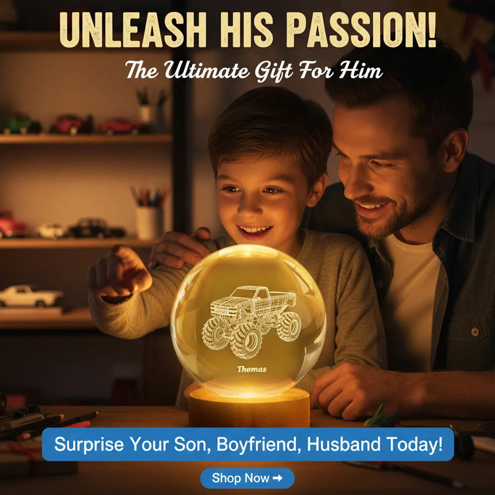 Personalized Crystal Ball LED Night Light – Boy Man Hobby Illusion Art Truck Night Light Desk Decor Unique Creative Gift