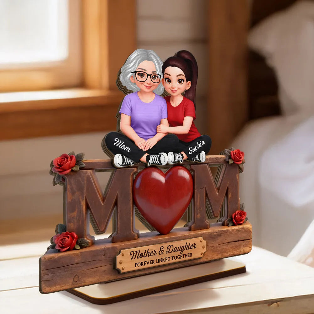 Personalized 2-Layer Wooden Plaque Mother & Daughter Forever Linked Together, MOM Heart Roses, Unique Gift for Mom