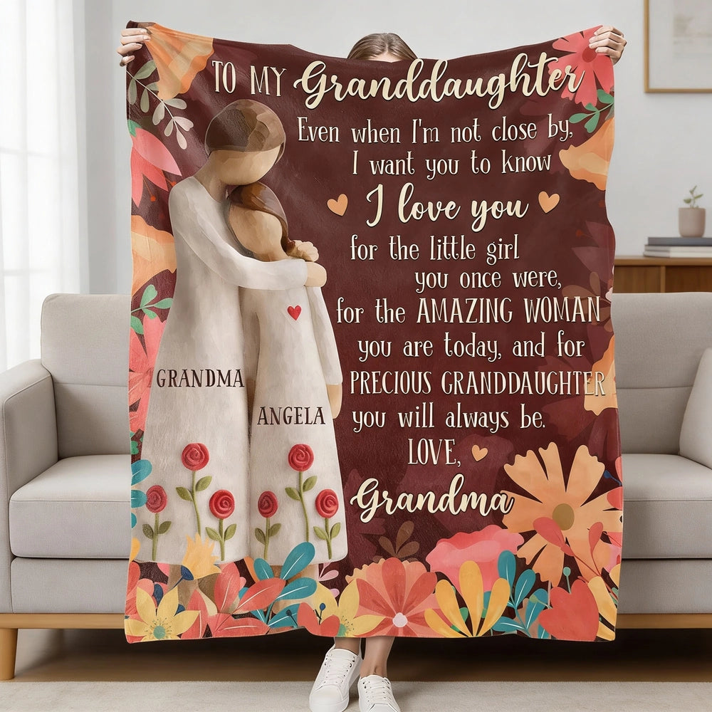 Grandma to Granddaughter Personalized Fleece Blanket, Warm Floral Message Throw, Heartwarming Unique Gift for Her