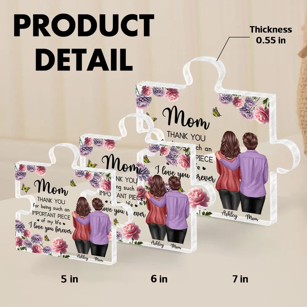 Personalized Shaped Acrylic Block Plaque for Mom, Puzzle Piece Love Quote, Floral Butterfly Design, Unique Gift