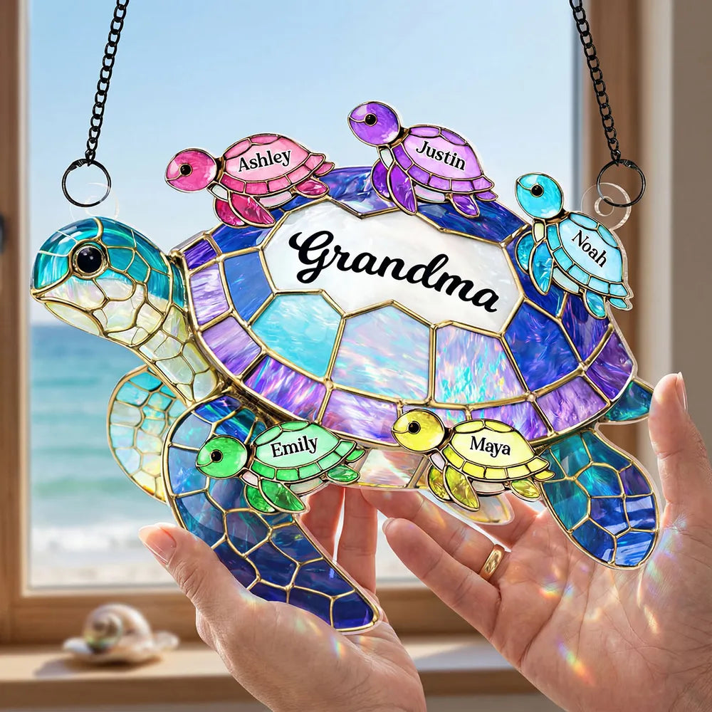 Personalized Sea Turtle Grandma Acrylic Suncatcher Ornament, Colorful Sunlight Reflection Window Decor, Unique Gift for Grandma