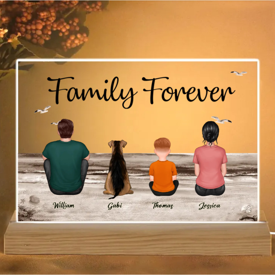 Beach Landscape Family Sitting Back View - Personalized LED Plaque or Keychain or Poster or Car Hanger or Pillow or Wallet or Wallet Card or Cap or Cup- Ideal Gift for Loved Ones