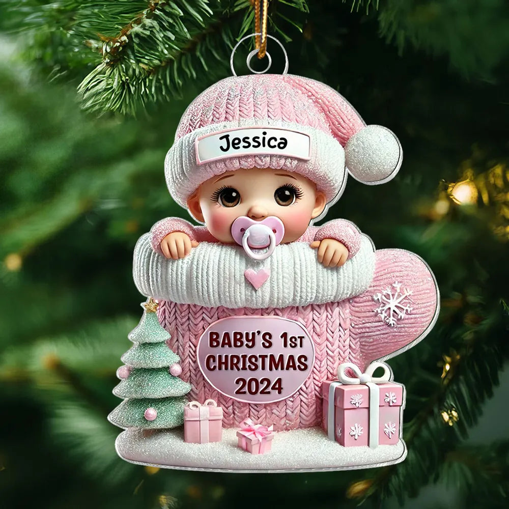 Baby in Mitten Acrylic Ornament, Pastel Knit & Snowflakes, Baby's First Christmas Keepsake, unique gift for new parents