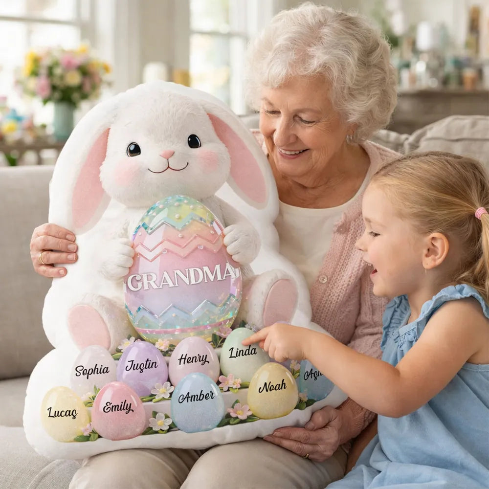 Grandma Easter Bunny Shaped Pillow, Personalized Keepsake With Pastel Egg Art, Sweet Home Decor Gift for Grandma