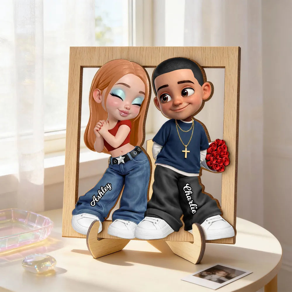 Personalized 2-Layer Wooden Plaque Y2K Cartoon Couple Holding Roses Unique Gift For Him Or Her