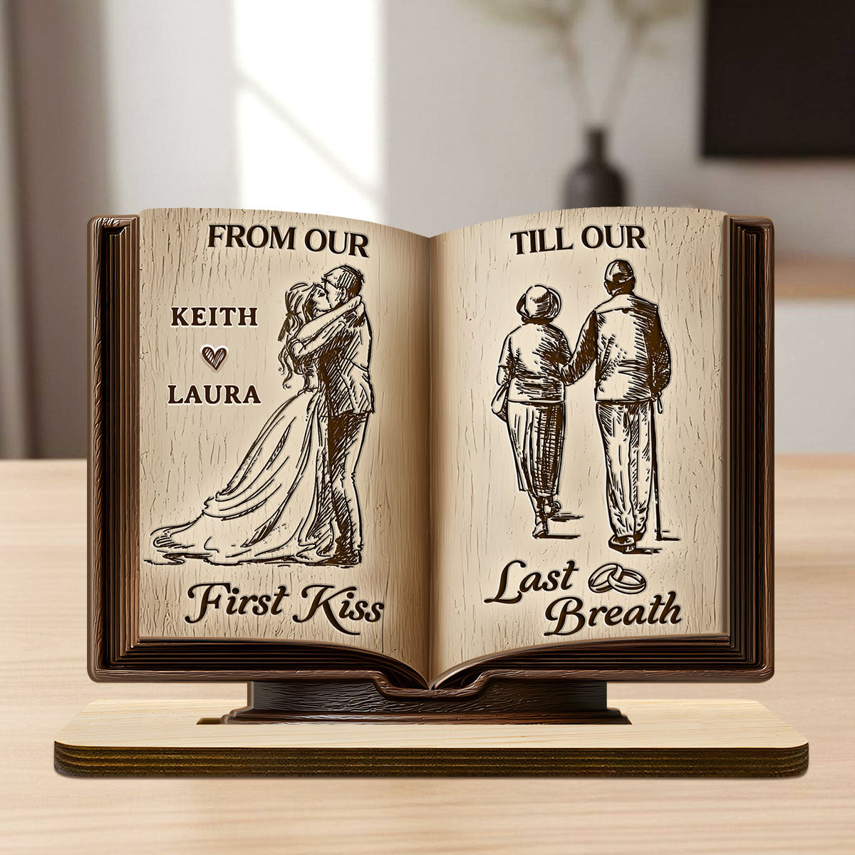 Personalized 2-Layer Wooden Plaque Book for Couples From First Kiss to Last Breath, Romantic Keepsake & Unique Anniversary Gift