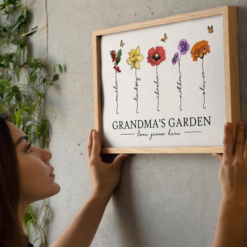 Grandma's Garden Love Grows Here Beautiful Birth Month Flower Gift For Grandma Mom Personalized Cup or Poster or Canvas, Keychain, Plaque, Wallet Card, Pillow