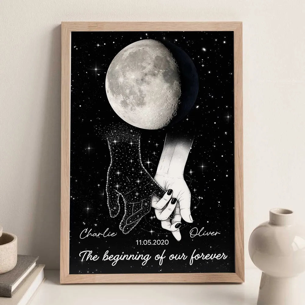Personalized Moon Phase Couple Holding Hands Poster, Starry Night Wall Art, Unique Romantic Gift for Couple