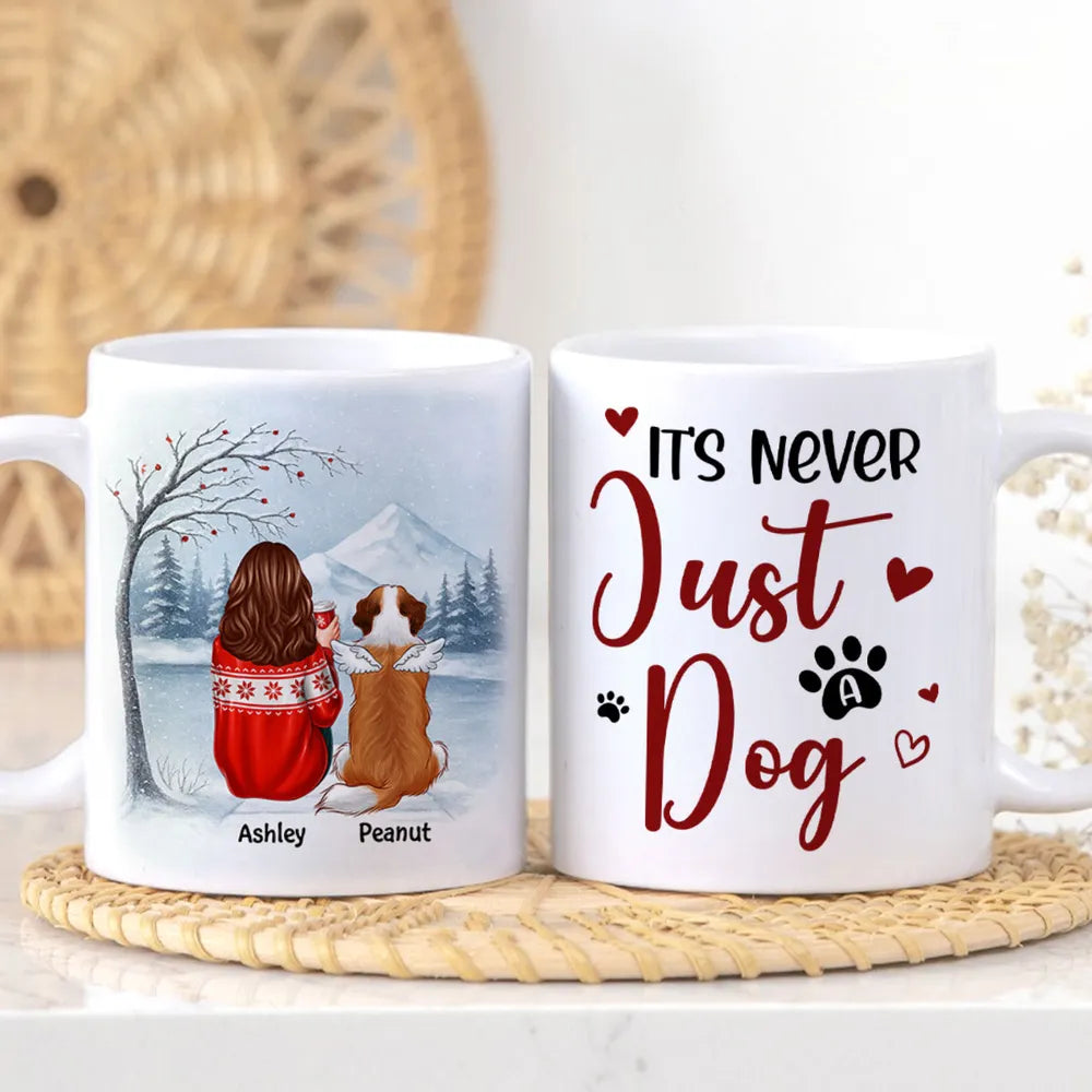Personalized White Ceramic Mug for Dog Moms with Angel Pup Illustration, Winter Scene, Meaningful Pet Memorial Gift