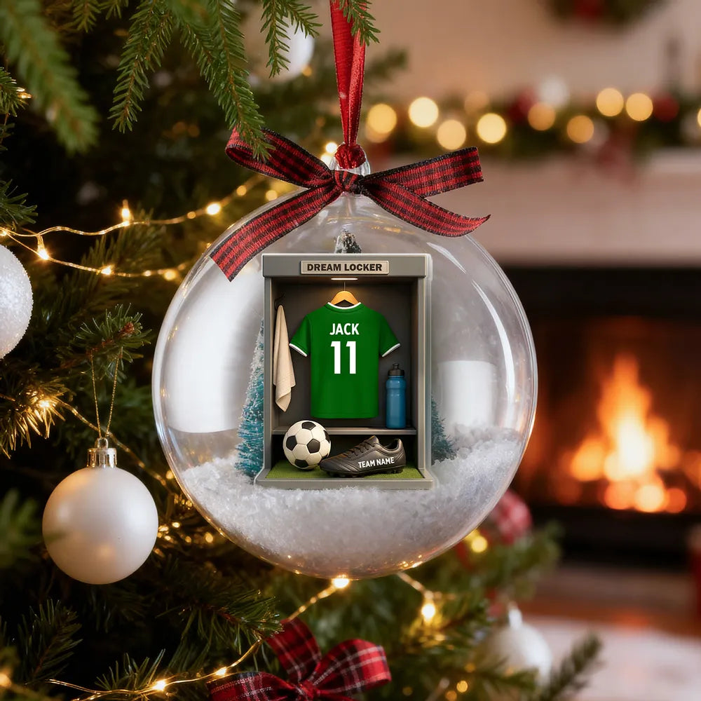 Christmas Snow Globe Ornament - Soccer Locker Mini Scene, Clear Acrylic, Personalized - Unique Gift for Son, Grandson, Boyfriend